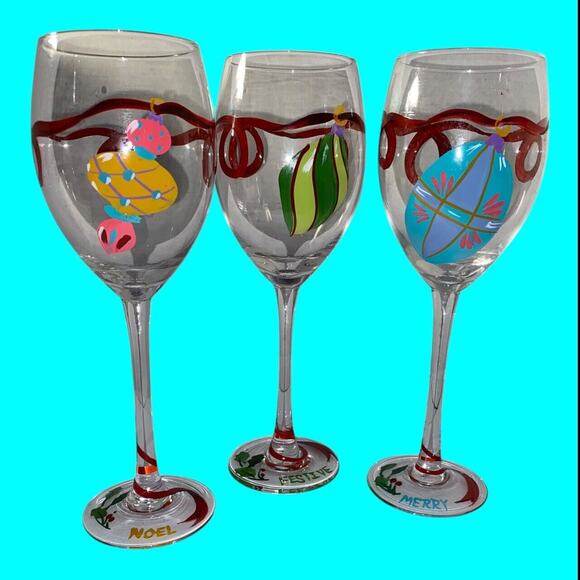 Lot Of 6 Hand-painted Christmas Stemware Wine Glasses Decorated With Ornaments - Picture 4 of 14